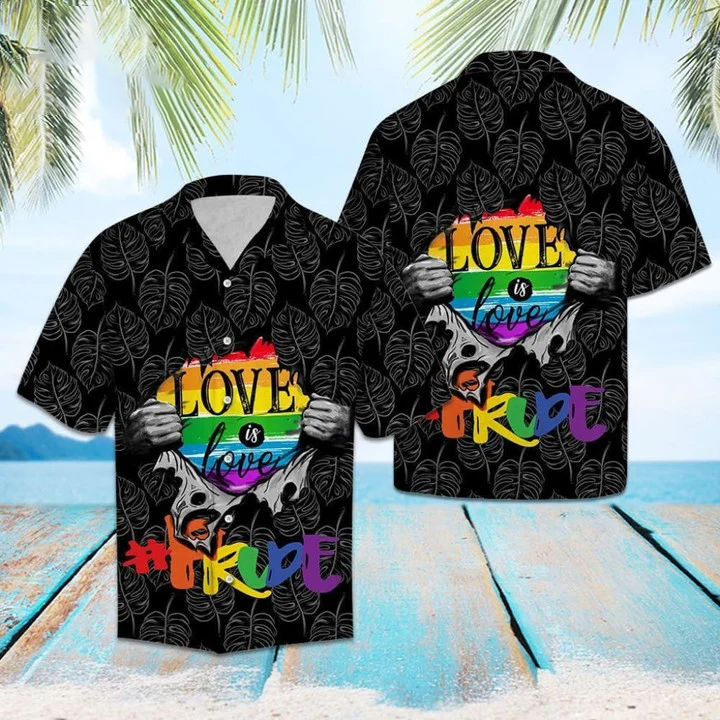 Beach Shirt Lgbt Pride Love Is Love In Black Hawaiian Shirt / Love Is Love Pride Aloha Shirt