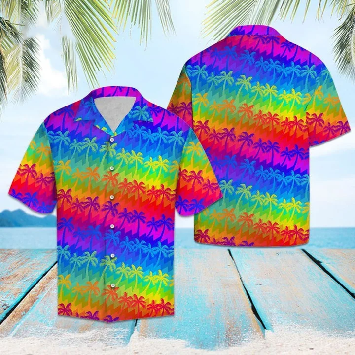 Beach Shirt Lgbt Rainbow Coconut Palm Hawaii Shirt / Rainbow Hawaiian Shirt