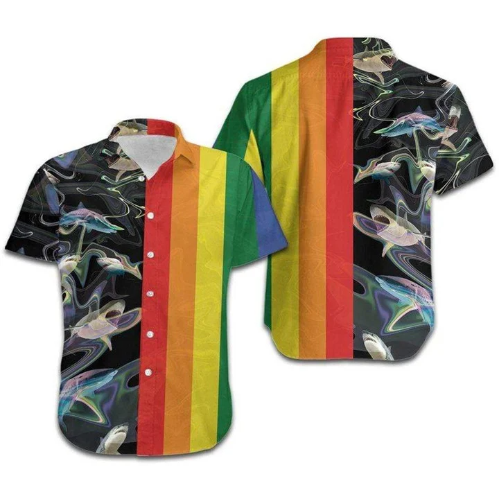 Beach Shirt Hawaii Shirt Lgbt Rainbow Sharks / Gay Pride Clothes/ Gay Hawaiian Shirts