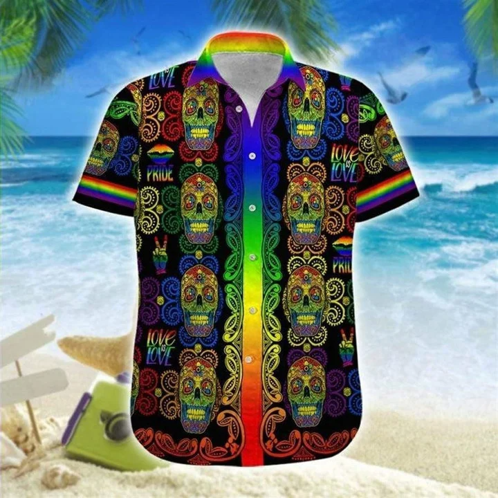 Beach Shirt Hawaii Shirt Lgbt Sugar Skull Love / Gay Pride Hawaiian Shirt