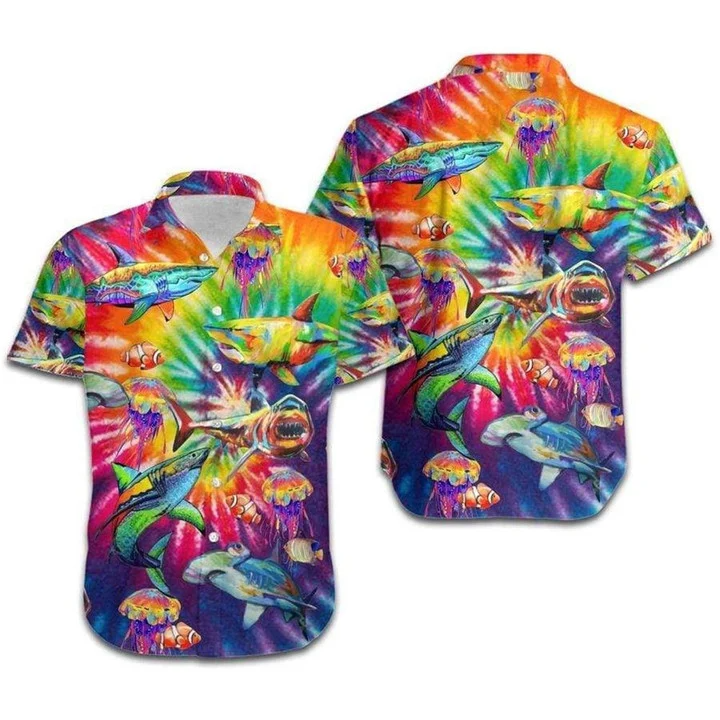 Beach Shirt Hawaii Shirt Lgbt Sharks Rainbow Tie Dye / Aloha Shirt/ Hawaiian Shirt For Lesbian