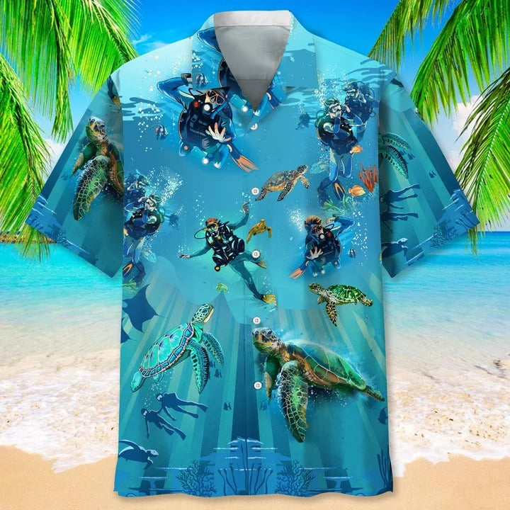 Scuba Diving Turtle Hawaiian Shirt For Summer Travel/ Aloha Scuba Diving Beach Shirt For Man And Woman