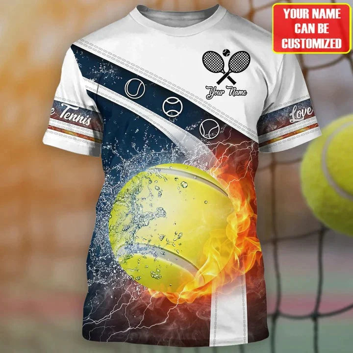 Custom Name 3D Tennis Tshirt/ Tennis Shirt With Fire Ball Pattern/ Tennis Team Lover/ Tennis Lover Gift