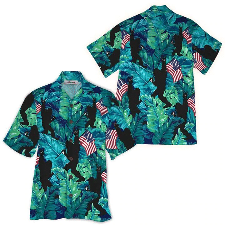 Bigfoot american flag 4th of july hawaiian shirt/ Bigfoot Aloha Shirt/ Amazing Bigfoot Button Up Shirt
