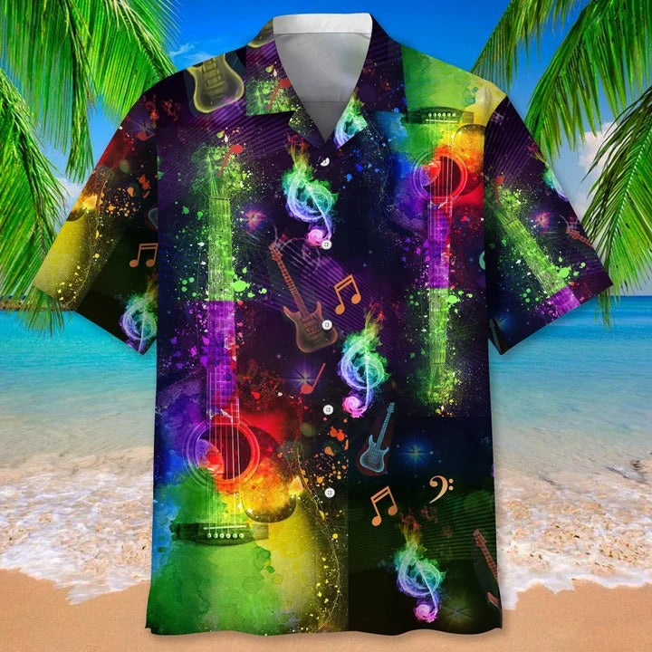 Guitar Color Hawaiian Shirt/ Guitarist Man Hawaiian Beach Shirts/ Musican Guitar Hawaii Aloha Shirt