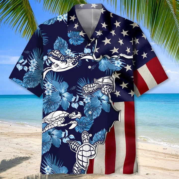 Turtle Tropical Us Flag Hawaiian Shirt/ Summer Hawaii Turtle Beach Shirt/ Animal Hawaiian Shirts