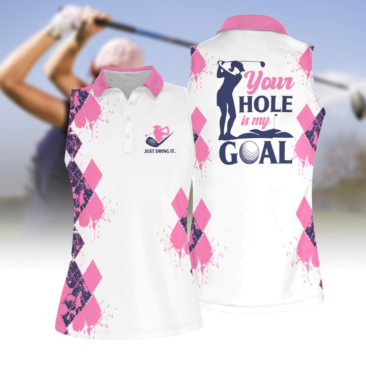 Your Hole Is My Goal Women Polo Shirt/ Just Wing It Pink Pattern Shirt/ Uniform for Golf Club