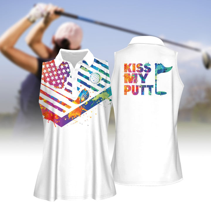 Kiss My Putt Watercolor Women Short Sleeve Polo Shirt Sleeveless Polo Shirt/ American Flag Golf Pattern