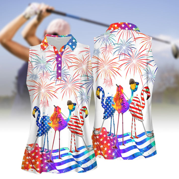 Water Color 4th Of July Patriotic Funny Flamingo Golf Women Short Sleeve Polo Shirt Sleeveless Polo Shirt/ Independence Shirt