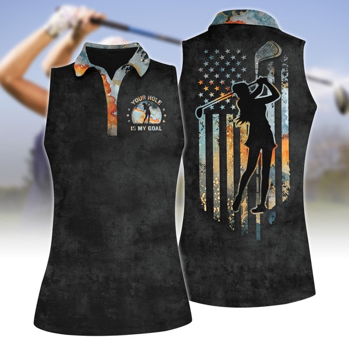 Your Hole Is My Goal Golf American Flag Women Polo Shirt Sleeveless Polo Shirt/ Flag Golf Shirt