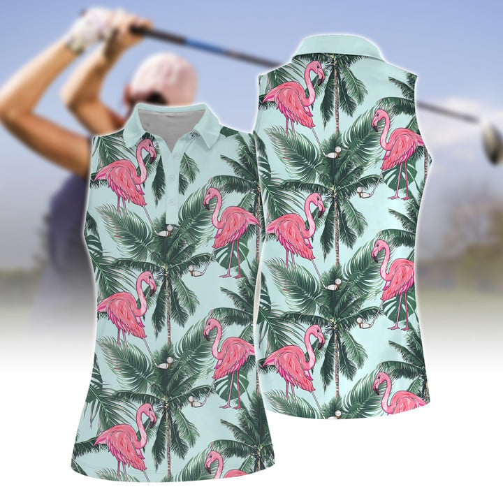Seamless Tropical Flamingo Golf Women Short Sleeve Polo Shirt Sleeveless Polo Shirt/ Idea Gift for Golf Lover