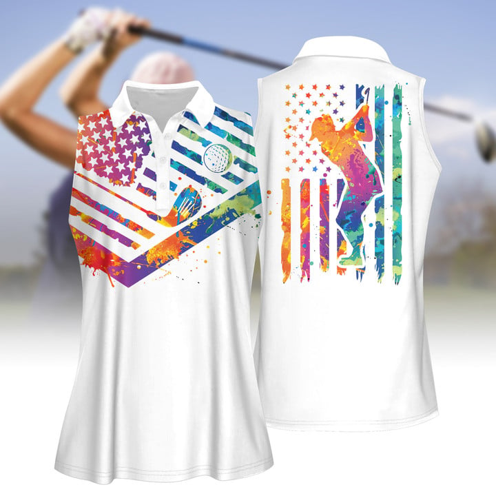 Watercolor America Flag With Silhouette Women Sleeveless Polo Shirt/ Golf Shirt for Her