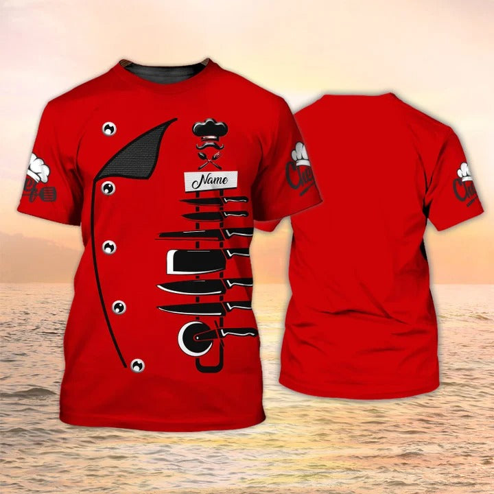 Cook T Shirts 3D Custom Name Chef Knives Red Shirt/ Chef Uniform Tshirt