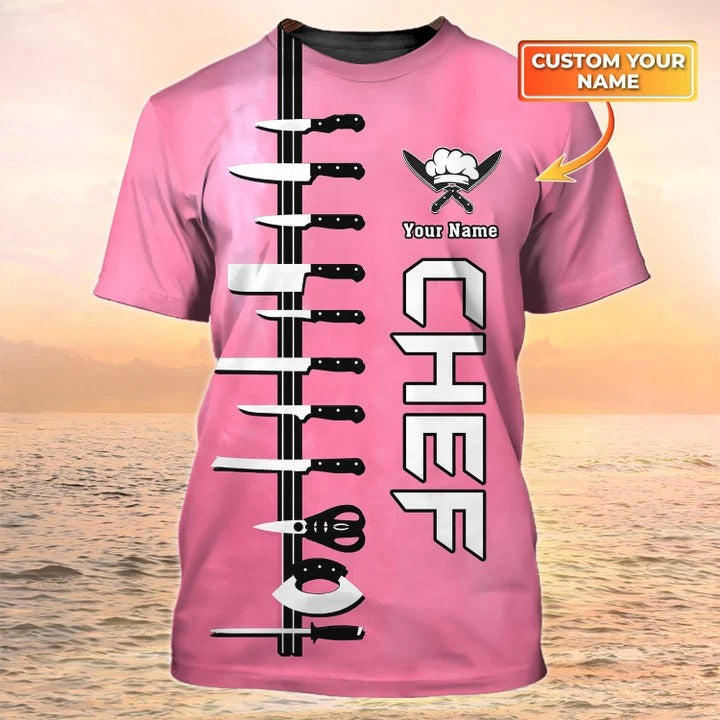 Custom Name Chef T Shirt/ 3D All Over Print Chef Knives Pink Shirt