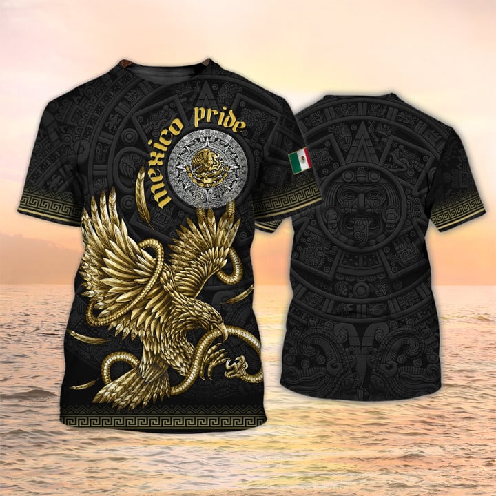 Mexico Pride T Shirt Men Aztec Shirts/ Gold Eagle Mexican Shirt For Him
