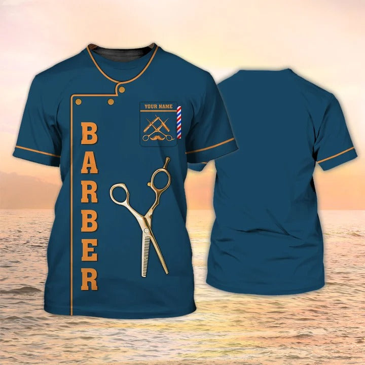 Personalized 3D All Over Print Barber Navy Shirt/ Barber Logo Sublimation On Tshirt/ Gift For Barber Shop