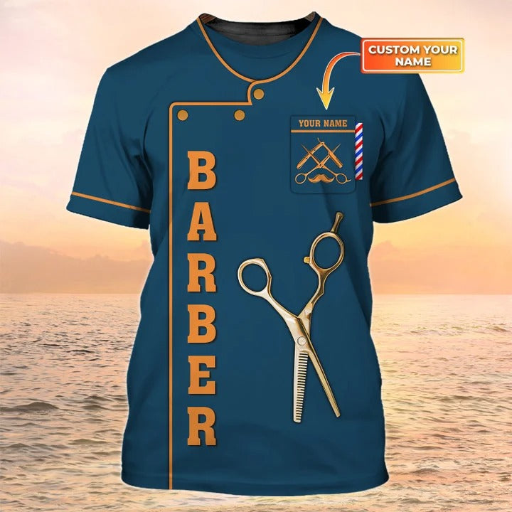 Personalized 3D All Over Print Barber Navy Shirt/ Barber Logo Sublimation On Tshirt/ Gift For Barber Shop