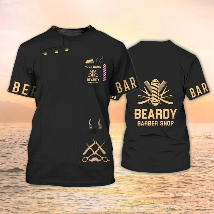 Beardy Barber Shop 3D T Shirt Custom Barber Shirt Black Barber Uniform