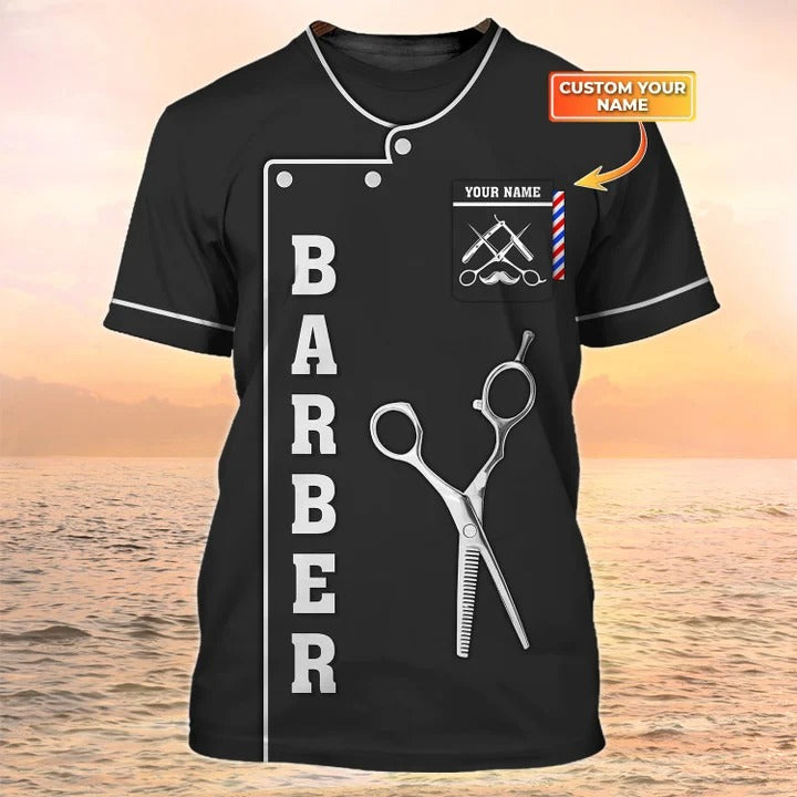 Custom 3D All Over Print Barber Black Shirt/ Barber Logo Sublimation On Tshirt/ Gift For Barber Shop