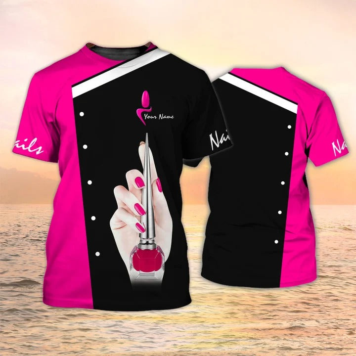 Nail Tech Custom Tshirt Nail Salon Uniform Black Pink 3D Tee Shirt