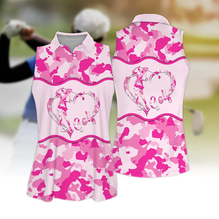 3D All Over Print Heart Shirt/ Pink Golf Camouflage Pattern Sleeveless Polo Shirt