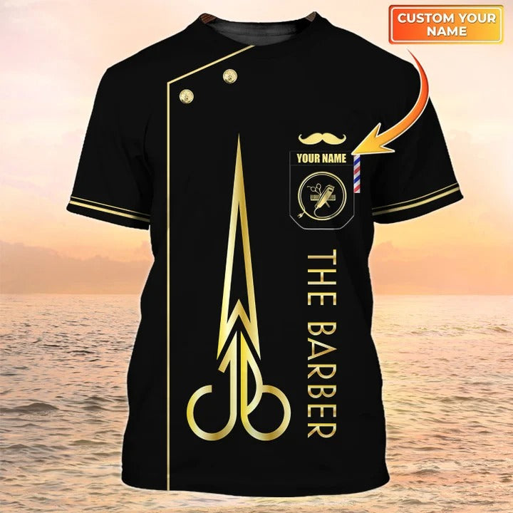 3D All over Print Barber T shirt Custom Barber Shirt Barber Shop Uniform Black & Gold