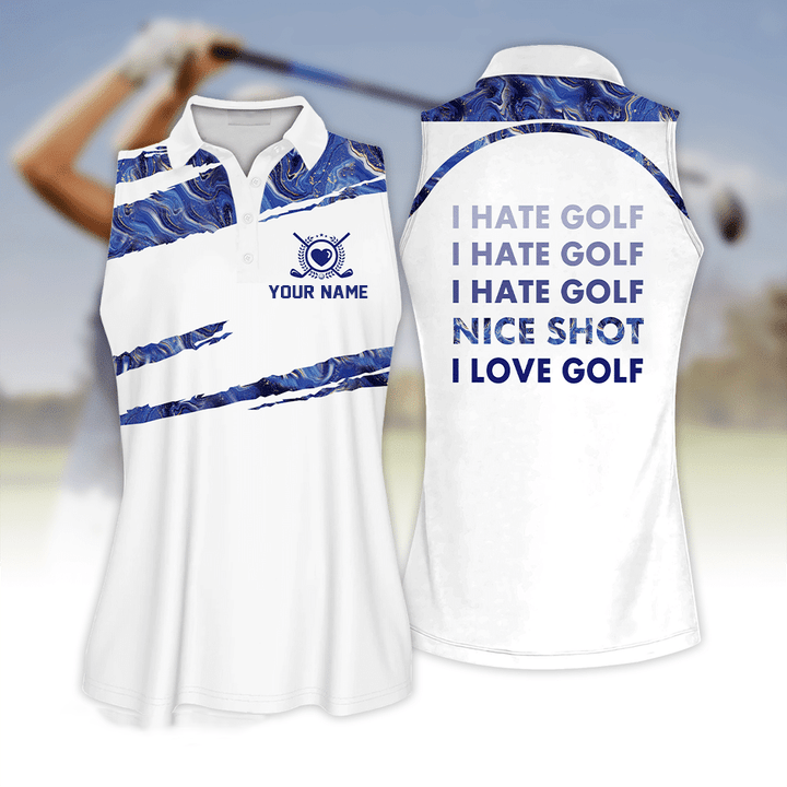 Personalized Name Golf Seamless Marble I Hate Golf Pattern Sleeveless Polo Shirt