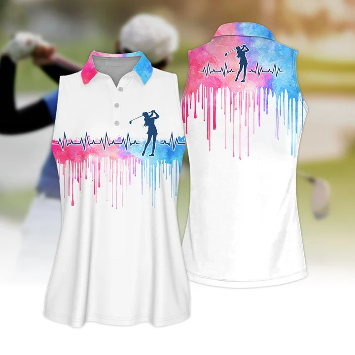 Coolspod 3D All Over Print Golf Polo Shirt/ Golf Heart Beat Watercolor Sleeveless Polo Shirt