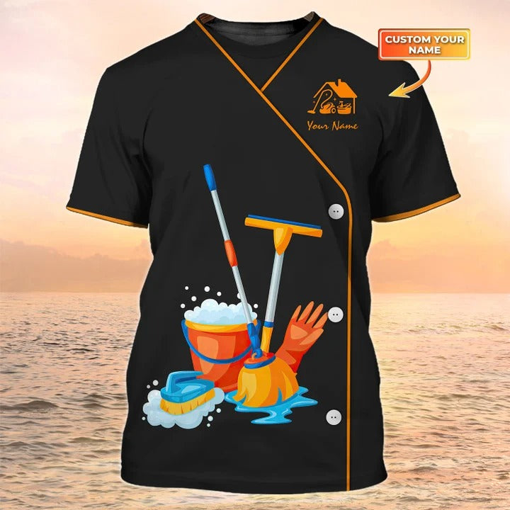 Cleaning Service 3D All Over Print T shirts Housekeeping Tools Custom Shirt Maid Uniform Black