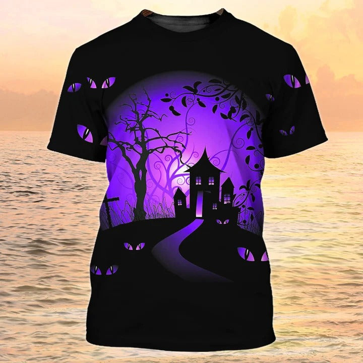 3D All Over Print Halloween Night Shirt For Couple/ Black And Purple Halloween Tshirt