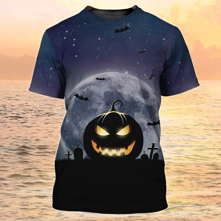 3D Sublimation Pumpkin Angry Halloween Shirt/ Bat Flying Grave Night Halloween Tee Shirts