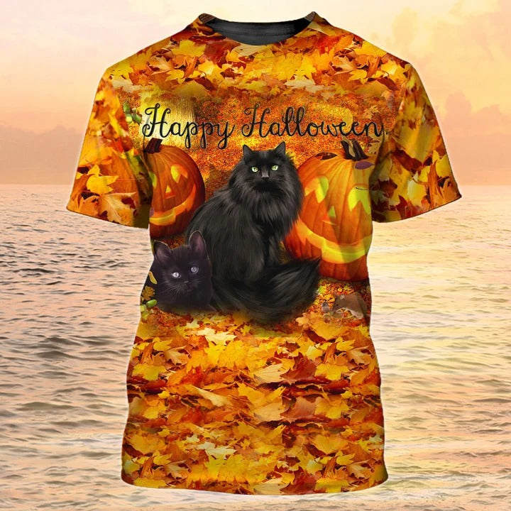 3D Print Cat Halloween Shirt/ Halloween Unisex Tshirt For Cat Lover/ Black Car Halloween Tee Shirt