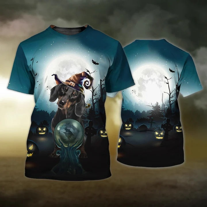 3D All Over Print Happy Halloween Dachshund T Shirt/ Halloween Dog Shirt For Men Women