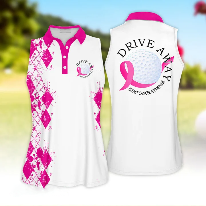 Drive Away Breast Cancer Awareness Sleeveless Polo Shirt/ Breast Cancel Golf Shirt