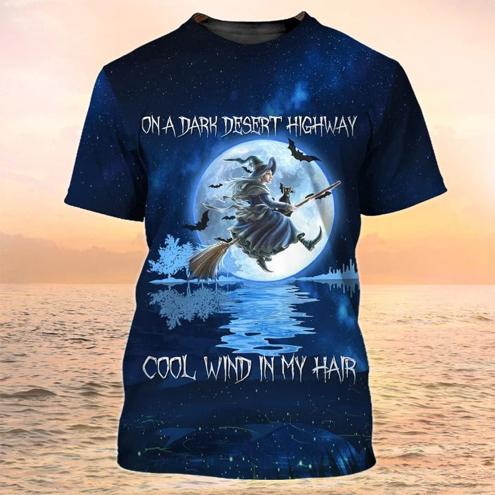 Halloween Shirts Witch And Cat/ On A Dark Desert Highway Cool Wind In My Hair/ Cute Halloween Shirt