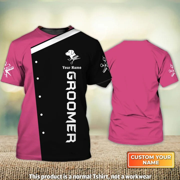 Dog Groomer Pet Groomer Uniform Black Pink Personalized Name 3D Tshirt
