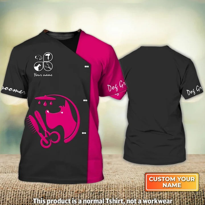 Dog Groomer Pet Groomer Uniform Black Pink Personalized Name 3D Tshirt