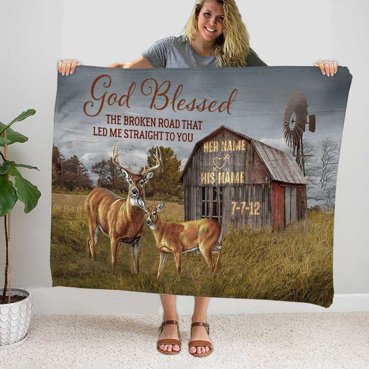 Personalized God Blessed The Broken Road Deer Farmhouse Blanket