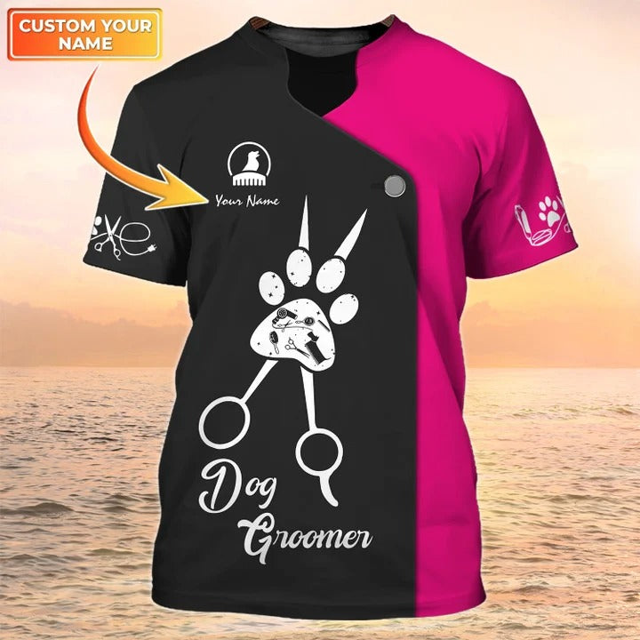 Personalized Dog Groomer T Shirt/ Grooming Uniform Pet Salon Shirt Black Pink