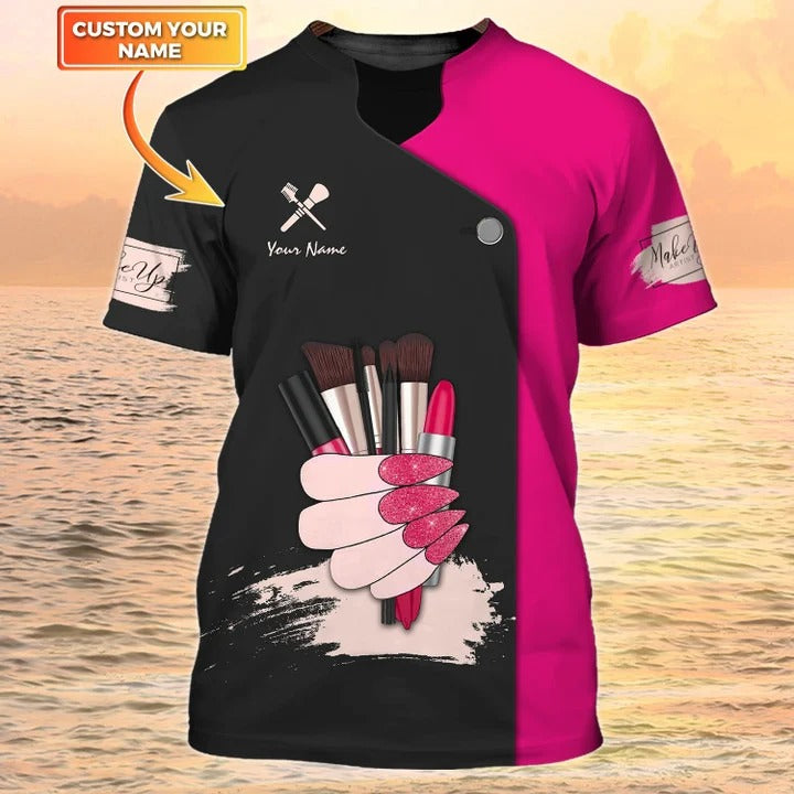 Custom 3D Print Make Up T Shirt/ Make up Artist Shirts Makeup Uniform Black Pink