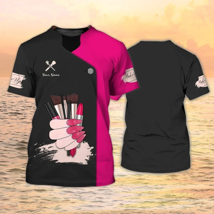 Custom 3D Print Make Up T Shirt/ Make up Artist Shirts Makeup Uniform Black Pink