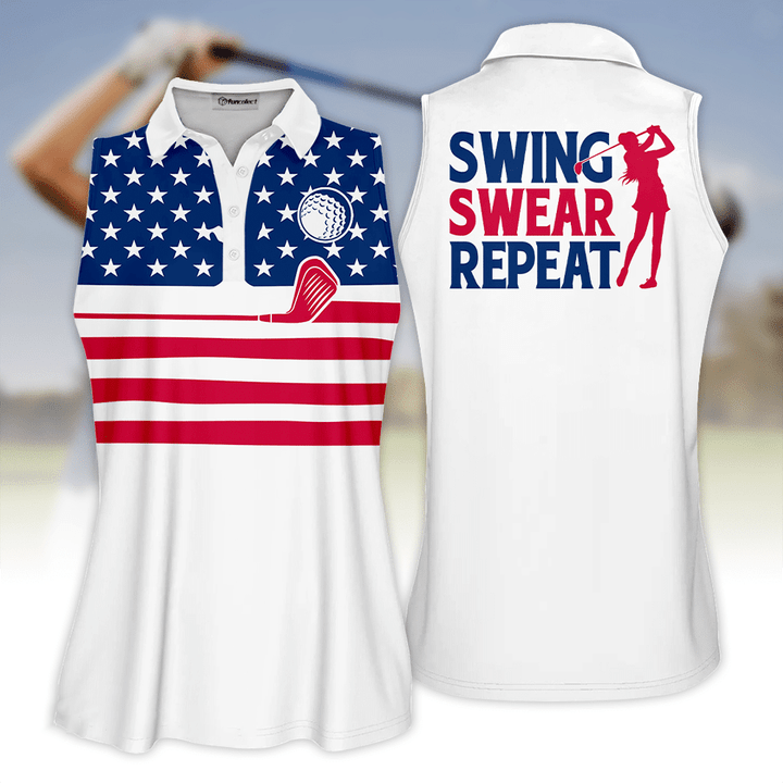 Multicolor Women Golf Polo Shirt American Flag Swing Swear Repeat Sleeveless Polo Shirt Sleeve Polo Shirt Women Golf Shirt