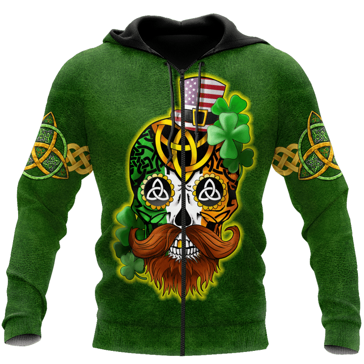 3D All Over Printed Irish American Skull St Patrick Day Unisex Shirts Hoodie