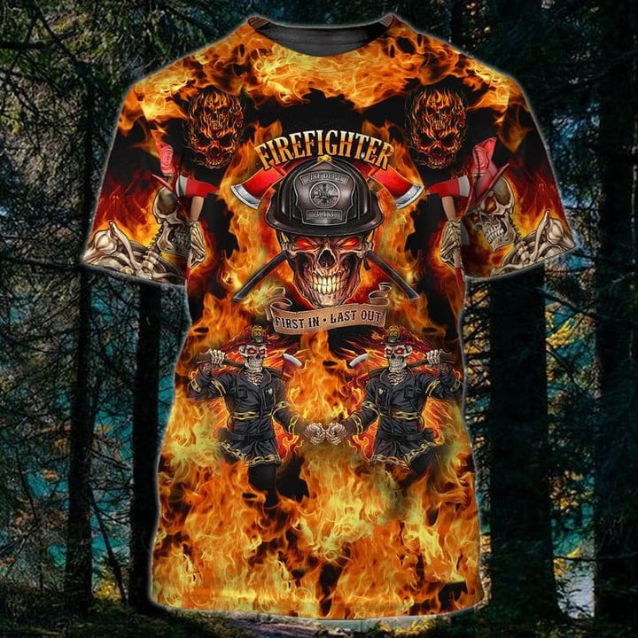 Skull Fire Pattern Firefighter 3D Shirt/ First In Last Out/ Skull Shirt