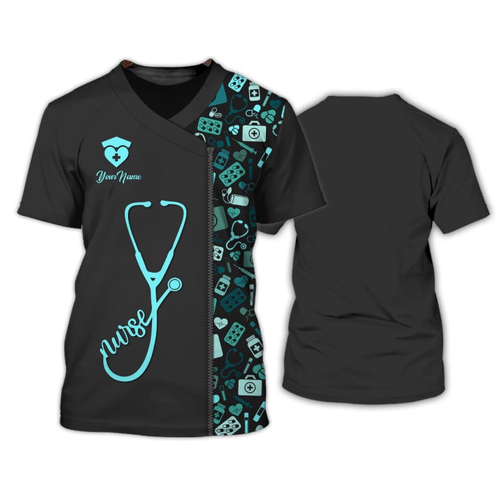 Personalized Blue Nursing Tools Pattern Shirts Medical Scrubs Clothing Custom Nurse Tshirt