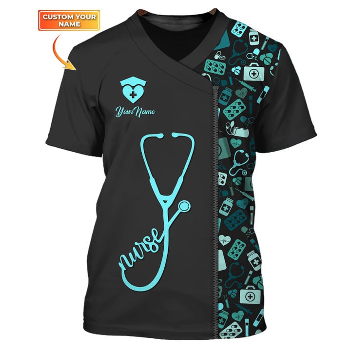 Personalized Blue Nursing Tools Pattern Shirts Medical Scrubs Clothing Custom Nurse Tshirt