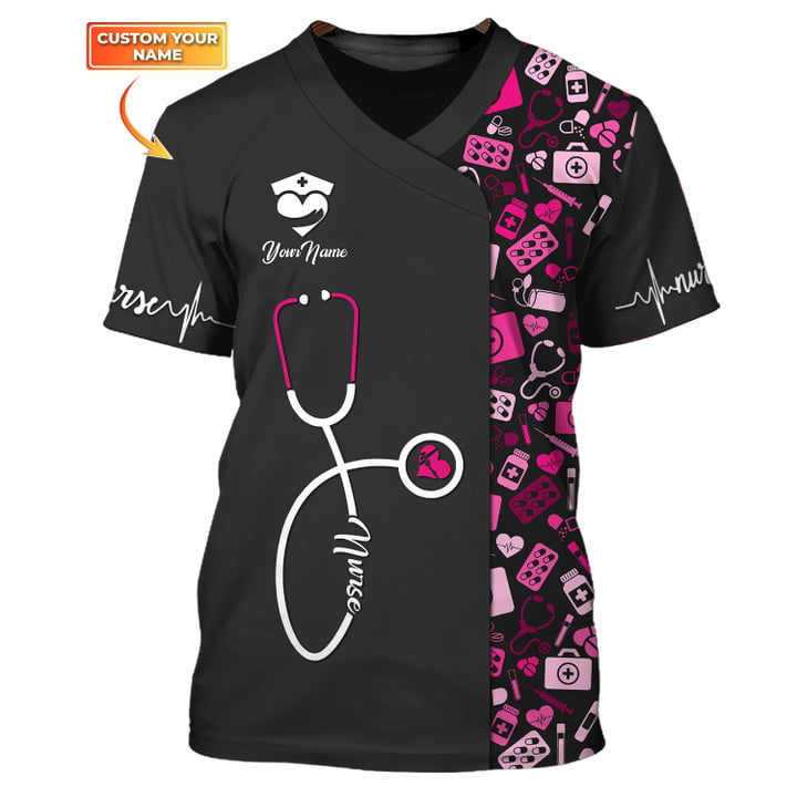 Nursing Tools Pattern Shirts Medical Scrubs Clothing Custom Nurse Tshirt Black Pink