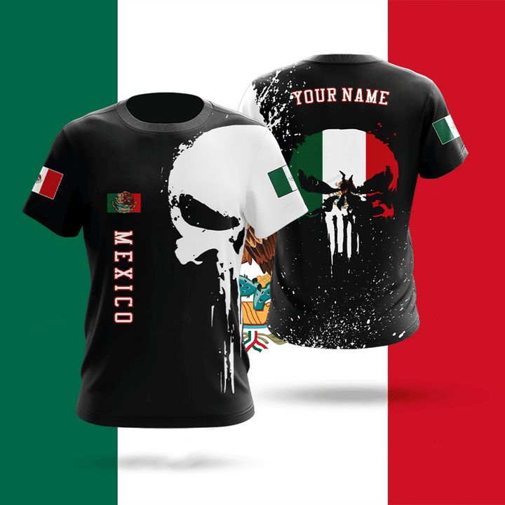 Skulls Printed With Flags Mexico Shirts/ Personalized Name 3D All Over Print T-Shirt