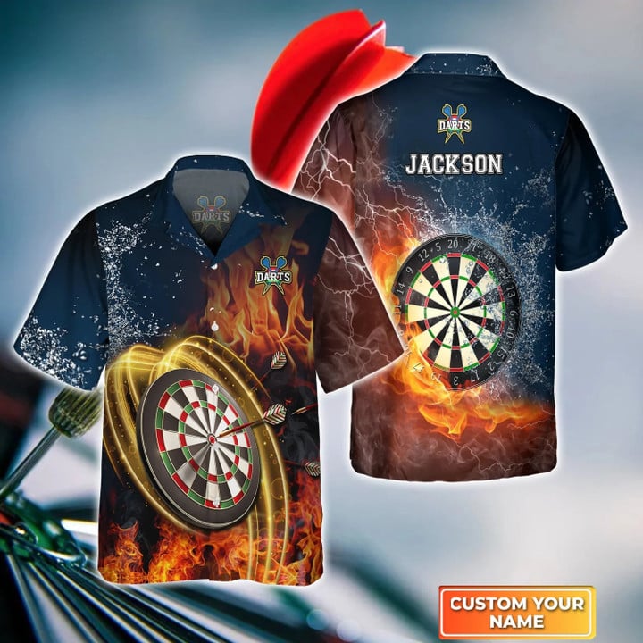 Darts On Fire Personalized Name 3D Hawaiian Shirt/ Gift For Darts player/ Dart Hawaiian Shirt