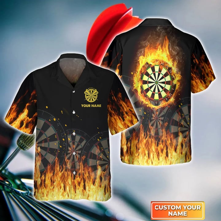 Darts On Fire Personalized Name 3D Hawaiian Shirt/ Gift For Darts player/ Dart Hawaiian Shirt